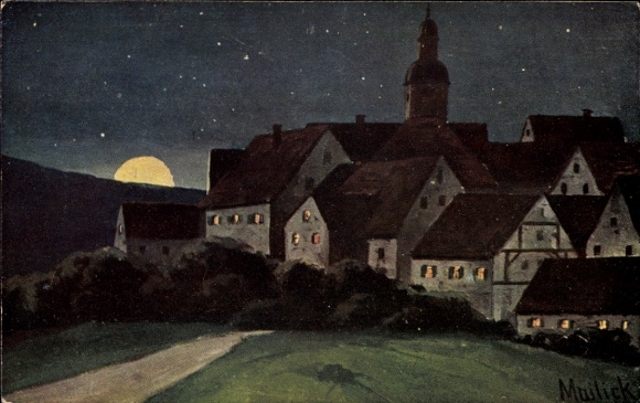 Künstler Ak Mailick, Stadt bei Nacht, Mondschein