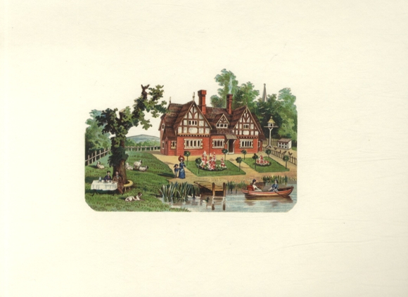 Oblate half-timbered house with garden and pond with rowing boat, approx. 10 x 14.5 cm