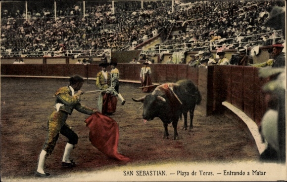 Postcard Donostia San Sebastian Basque Country, bullring, audience, torero and bull
