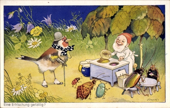 Artist Postcard Baumgarten, Fritz, Would you like a refreshment, dwarf, bird, beetle