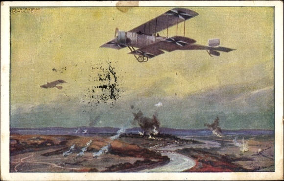 Künstler Ak Schulze, Hans Rudolf, Militärdoppeldecker auf Erkundungsflug an der Marne, I. WK