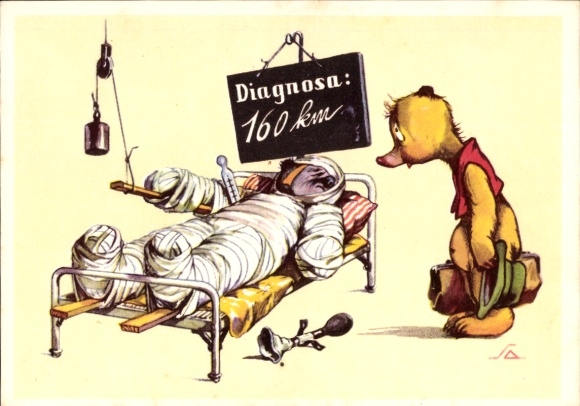 Artist Postcard Two Bears, humanized, full body plaster, humor