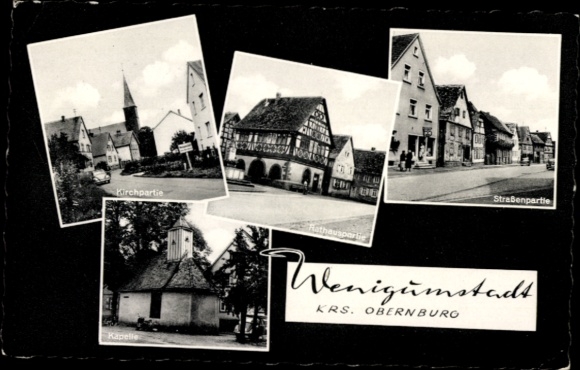 Passepartout Postcard Wenigumstadt Großostheim Lower Franconia, street view, town hall, church