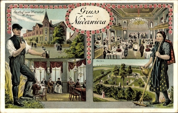 Postcard Niederwiera Oberwiera, Gasthof zum Wieratal, H Berger, garden, guest room, hall, woman, man