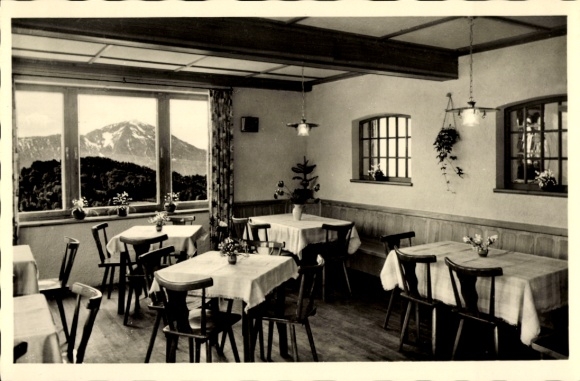 Postcard Roitham Seeon, Pension Cafe Gruber Alm, owners W and L Saur, interior view