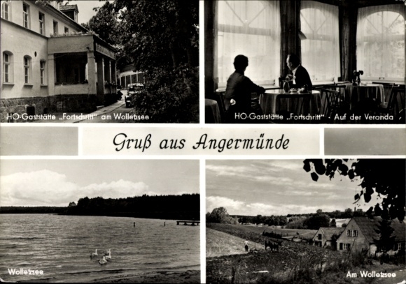 Postcard Angermünde in the Uckermark, HO Gaststätte Progress am Wolletzsee, porch, Wolletzsee