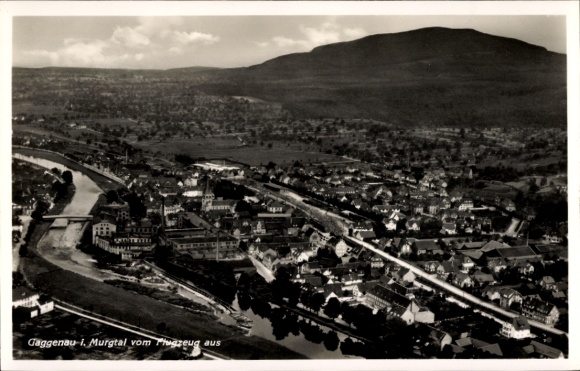 Postcard Gaggenau in the Murgtal Black Forest, aerial view of Murgtal, river, mountain in the background