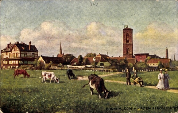 Artist Postcard Island Borkum East Frisia, village, old lighthouse, cow pasture