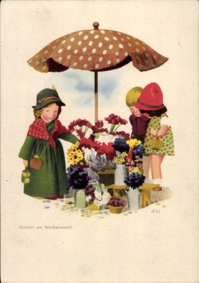 Künstler Ak Käthe-Kruse-Puppen, Einkauf am Wochenmarkt