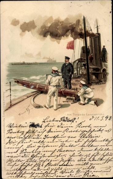 Kunstenaar litho Bohrdt, Hans, Bij de torpedo-lanceerbuis, Duitse matrozen, oorlogsschip
