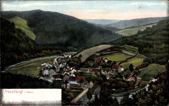 Ak Treseburg Thale im Harz, Landschaftsbild von  Fluss und Berge, Postkarte aus dem Harz