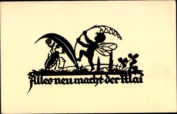 Paper cut Postcard Schwindt, AM, May makes everything new, may beetle, elf, shamrocks