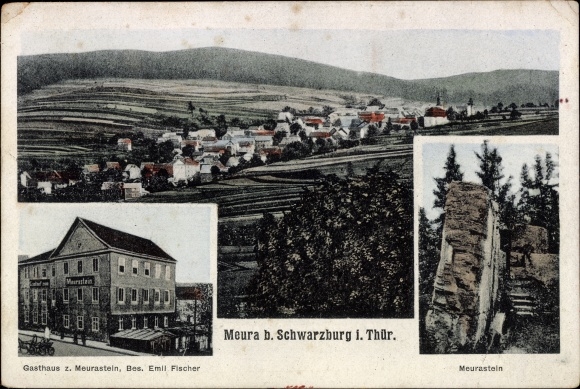 Postcard Meura in Thuringia, Meurastein, inn, total view