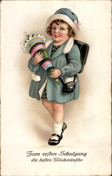 Postcard Congratulations First Day of School, Girl with School Cone
