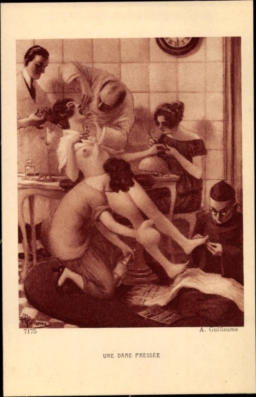 Artist Postcard Guillaume, Albert, Une Dame Pressée, naked woman, dentist, pedicure