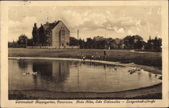 Postcard Hoppegarten in Brandenburg, Panorama, Hohe Allee, corner of Eichenallee