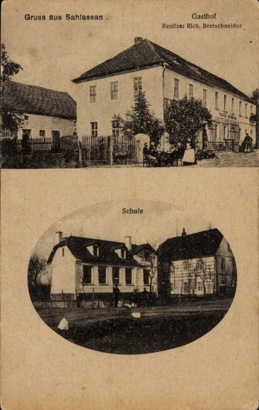 Ak Sahlassan Liebschützberg in Saksen, herberg, school