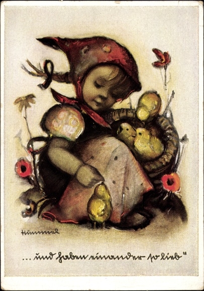 Kunstenaarskaart Hummel, Berta, nr. 4951, en hou zo veel van elkaar, meisjes, meiden