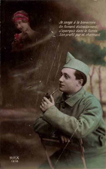 Postcard French soldier, I think of my beloved while I absentmindedly smoke