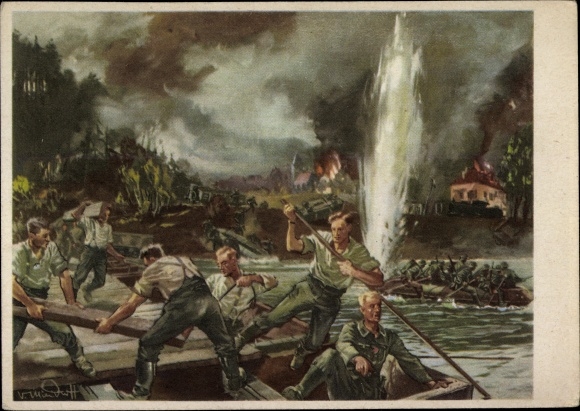 Künstler Ak Mundorff, V., Pioniere, Brückenbau, Schlauchboot, Wehrmacht, II. WK