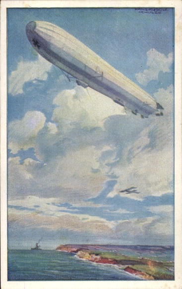 Artist Postcard Schulze, HR, Reichsmarine airship, watch on the German Baltic coast