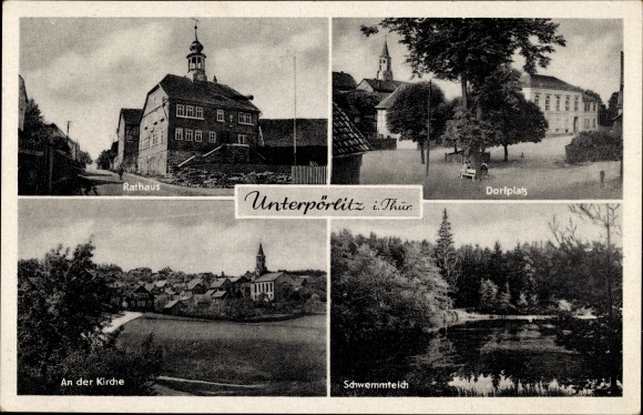 KP Unterpörlitz w Turyngii, ratusz, plac wiejski, kościół, staw aluwialny