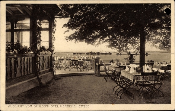 Postcard Herrenchiemsee, view from the castle hotel, restaurateur Hans Huber