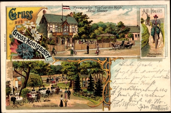 Chromo-Litho Großkönigsdorf Königsdorf Frechen, cyclists, restoration Tivoli in front of the forest