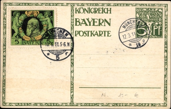 Postwaardestuk kunstenaarsbriefkaart Diez, M., prins-regent Luitpold van Beieren 1911, 5 Pfennig