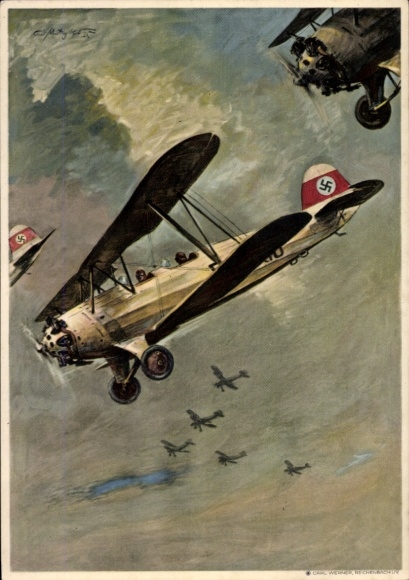 Artist Postcard German Air Sports Association, aircraft, Focke Wulf FW 44 Stieglitz