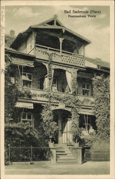 Postcard Bad Suderode Quedlinburg in the Harz Mountains, Pension Thiele, s building, green plants, wooden veranda