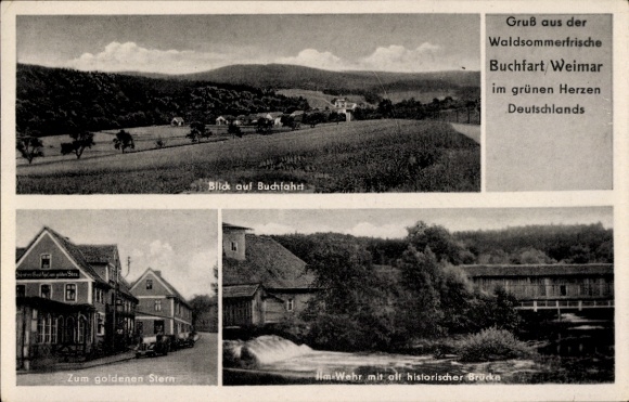 Postcard Buchfahrt Buchfart Weimarer Land, town and surroundings, Gasthof Zum goldenen Stern, weir, bridge