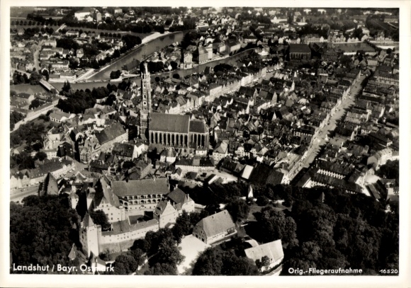 Postcard Landshut in Lower Bavaria, aerial view of the district, church, buildings