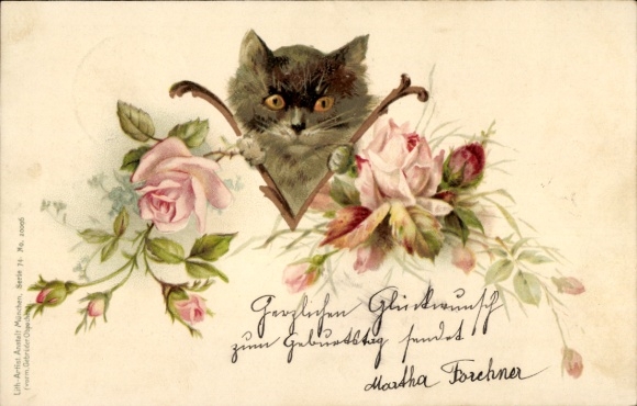 Chromo-Litho Black cat surrounded by roses