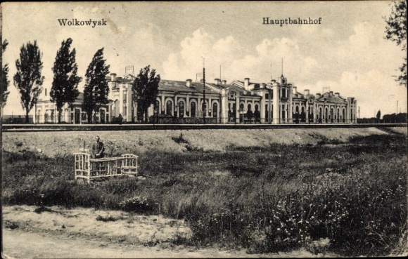 Postcard Waukawysk Wolkowysk Belarus, main station