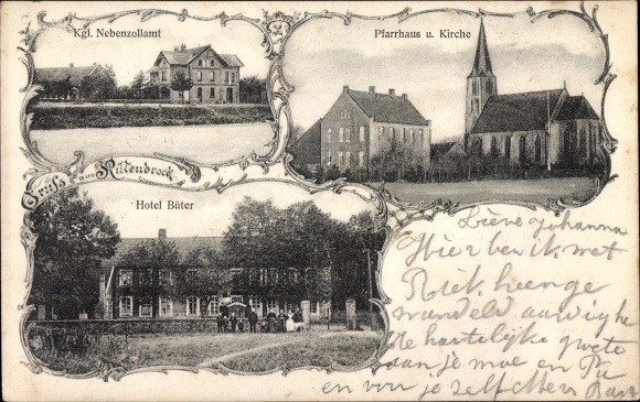 Postcard Rütenbrock Haren in Emsland, Kgl. Customs office, vicarage, church, Hotel Büter