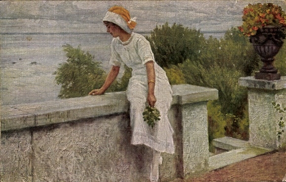 Artist Postcard Fischer, Paul, Happy Days, Lykkelige Dage, woman sitting on a stone wall