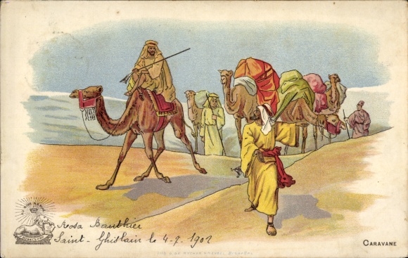 Chromo-Litho Caravan in the desert, Arab men, camels