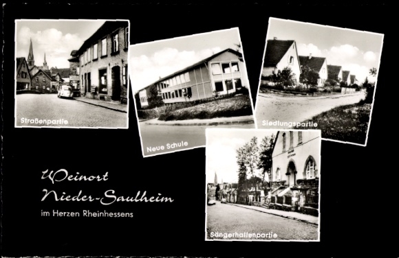 Postcard Nieder Saulheim in Rheinhessen, street scene, settlement, new school, singers' hall