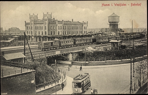 Postcard Hamm in Westphalia, train station, tram