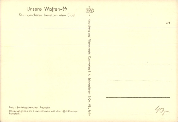 Postcard Waffen-SS, assault guns occupy a city