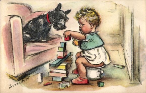 Artist Postcard Bouret, Germaine, child playing with building blocks, dog, chamber pot, terrier