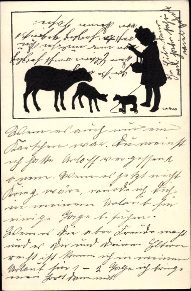 Paper cut artist Postcard Carus, girl with sheep, lamb, toys