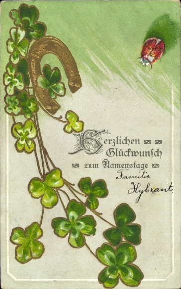 Embossed Postcard Congratulations Name Day, Lucky Clover, Horseshoe, Ladybird