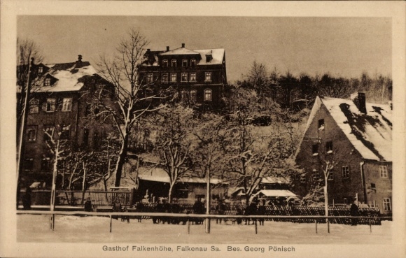Postcard Falkenau Flöha in Saxony, Gasthof Falkenhöhe, owner Georg Pönisch, Winter