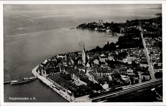 Postcard Friedrichshafen on Lake Constance, aerial view of Lake Constance, buildings, harbor