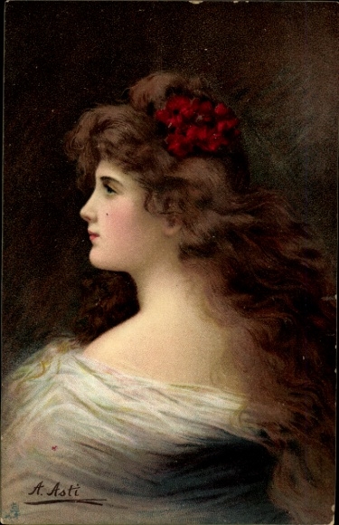 Artist Postcard Asti, Angelo, portrait of a young woman with long brunette hair