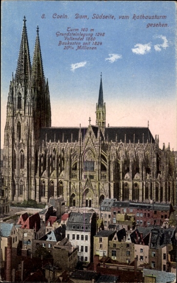 Postcard Cologne on the Rhine, Cologne Cathedral, south side, from the town hall tower, tower 160 m, foundation stone laid in 1248, full