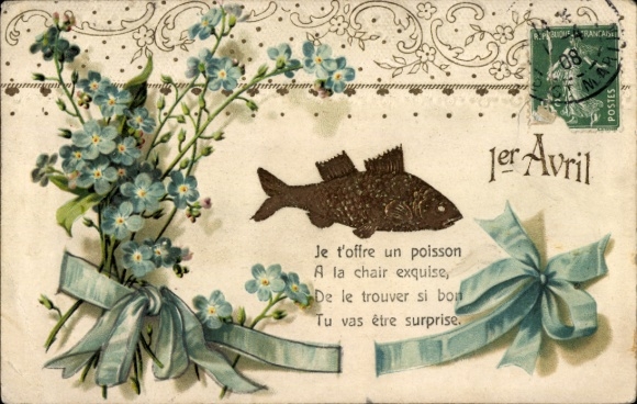 Präge Ak Glückwunsch 1. April, Fisch, Vergissmeinnicht, Schleife