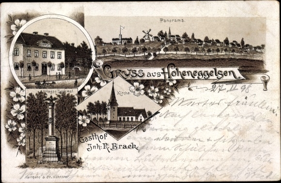 Chromo-Litho Hoheneggelsen Söhlde in Lower Saxony, panorama, inn, church, war memorial